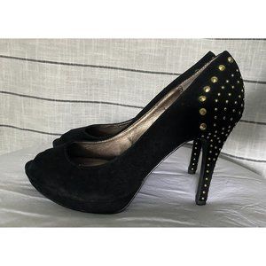 Moda Spana Black Velvet Heels / Gold Studs